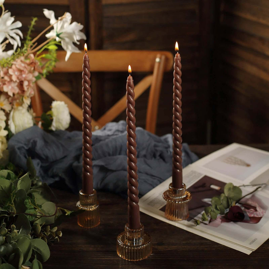 12 - Pack Taper Candles Spiral Long Burn Wick Design Mocha Brown - Premium Unscented Wax Dinner Candle Sticks 11" - Bell Racket Store
