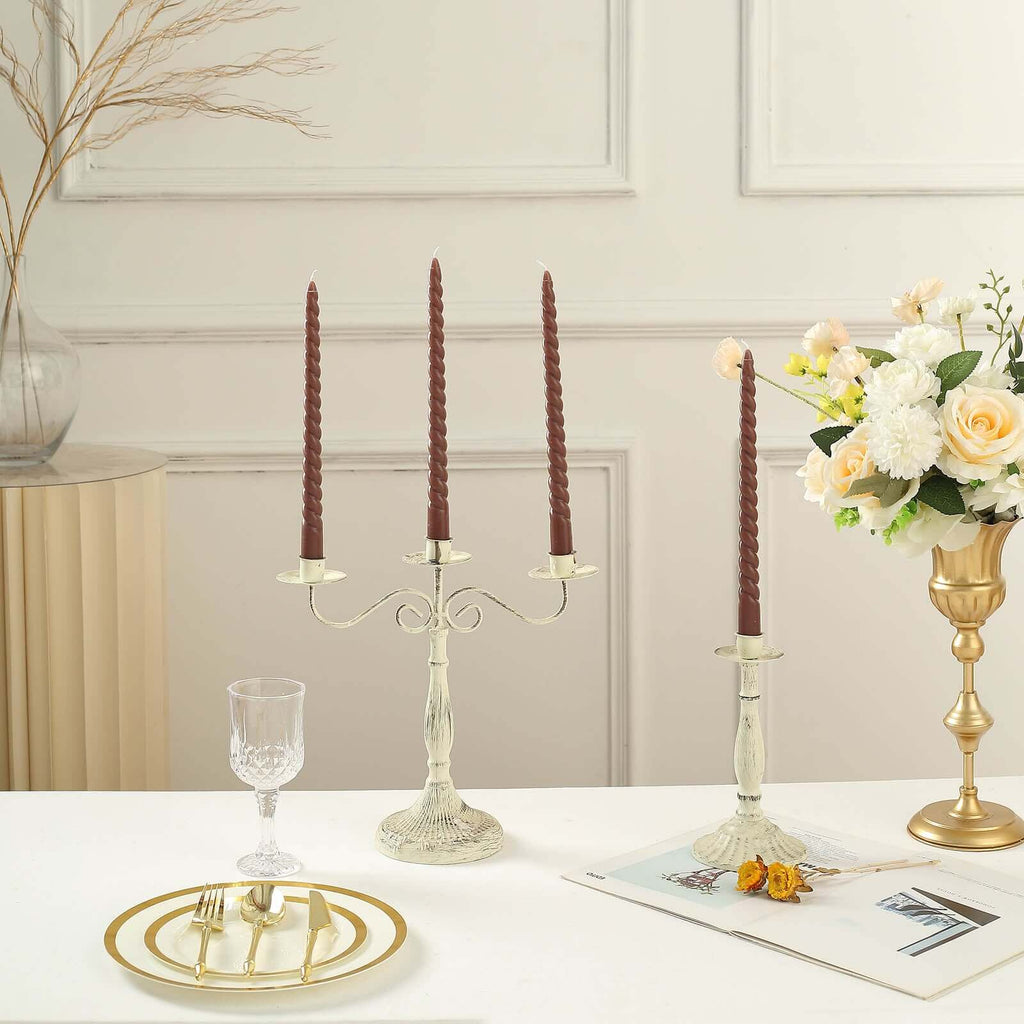 12 - Pack Taper Candles Spiral Long Burn Wick Design Mocha Brown - Premium Unscented Wax Dinner Candle Sticks 11" - Bell Racket Store