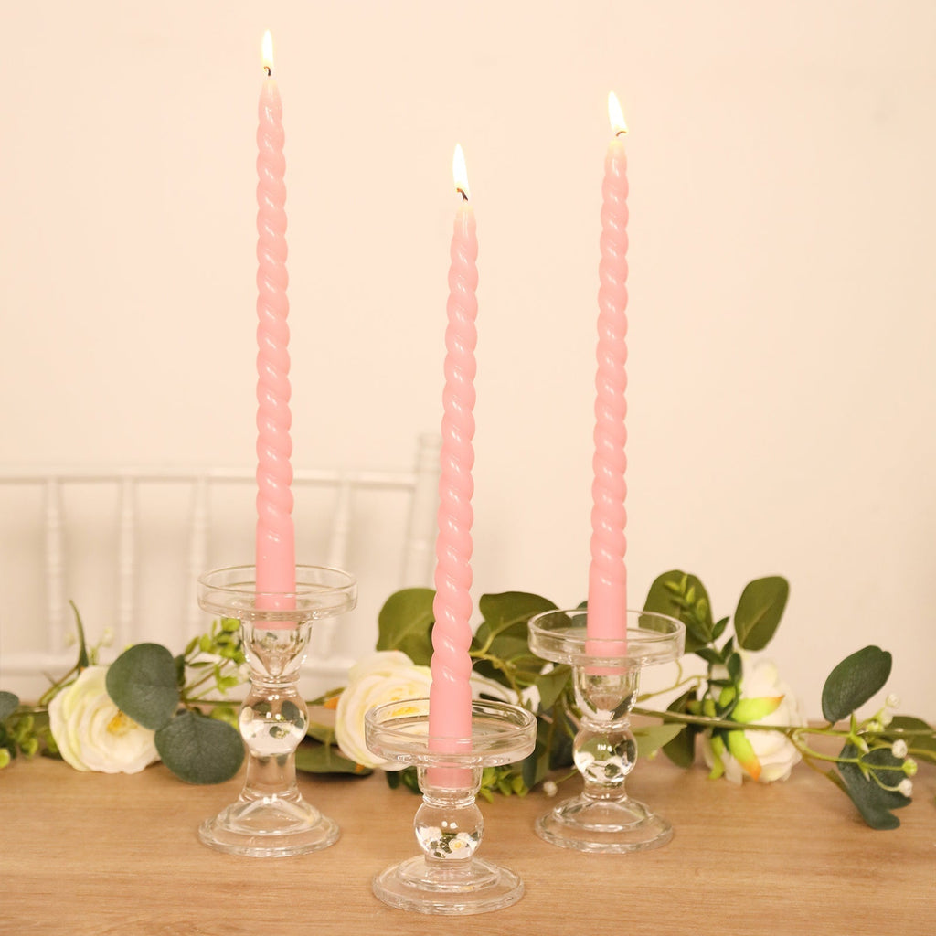 12 - Pack Taper Candles Spiral Long Burn Wick Design Pink - Premium Unscented Wax Dinner Candle Sticks 11" - Bell Racket Store
