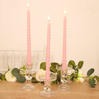 12 - Pack Taper Candles Spiral Long Burn Wick Design Pink - Premium Unscented Wax Dinner Candle Sticks 11" - Bell Racket Store