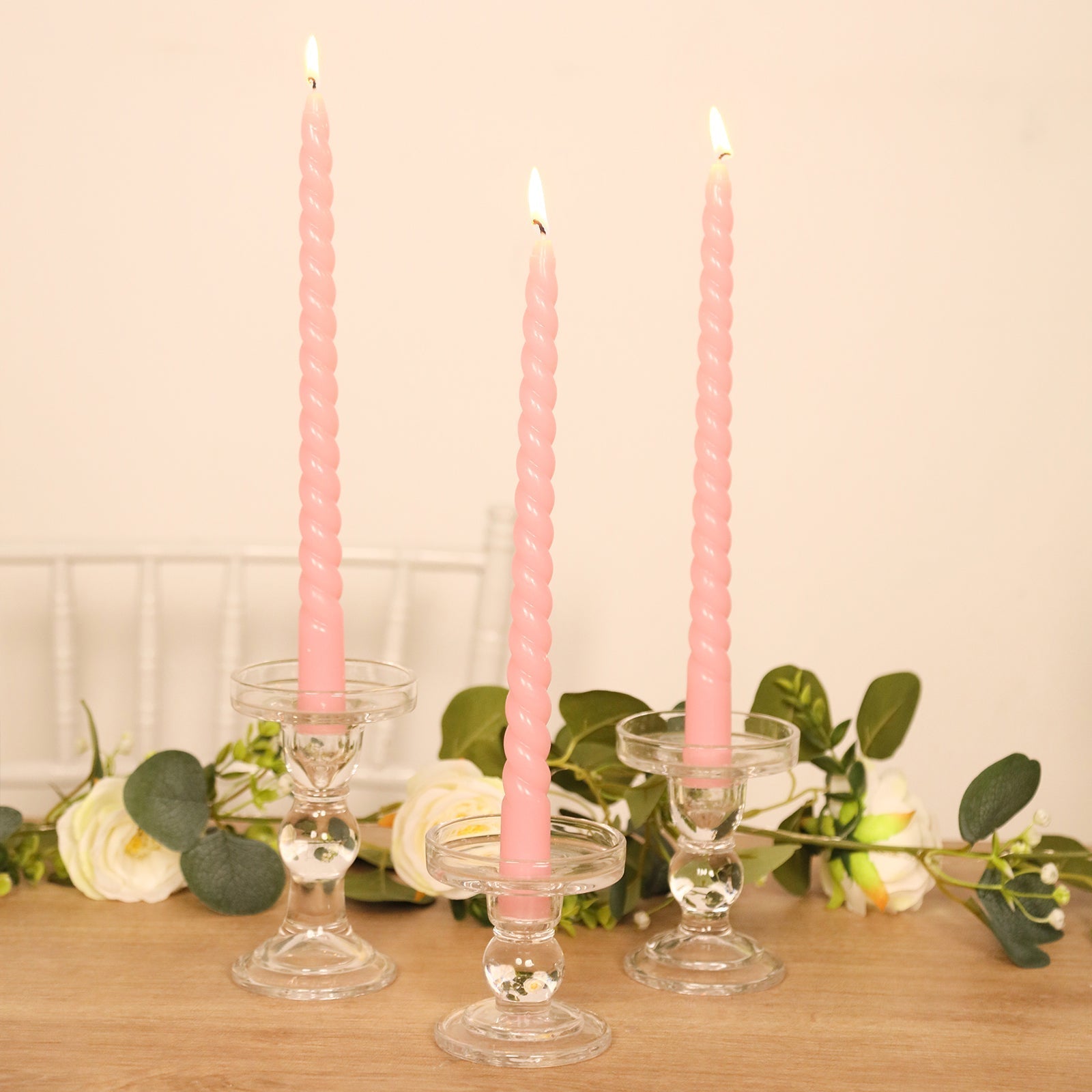 12 - Pack Taper Candles Spiral Long Burn Wick Design Pink - Premium Unscented Wax Dinner Candle Sticks 11" - Bell Racket Store