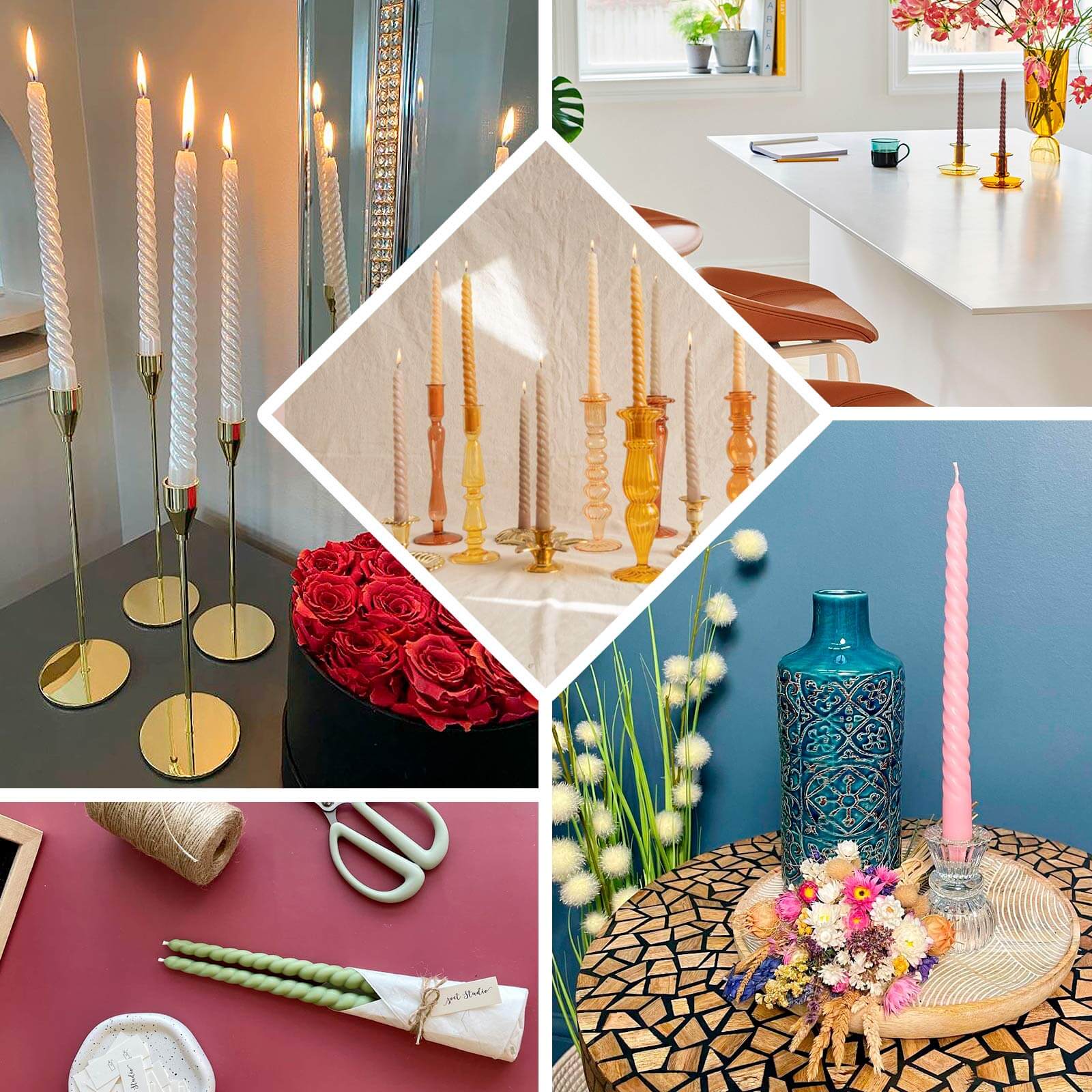 12 - Pack Taper Candles Spiral Long Burn Wick Design Pink - Premium Unscented Wax Dinner Candle Sticks 11" - Bell Racket Store