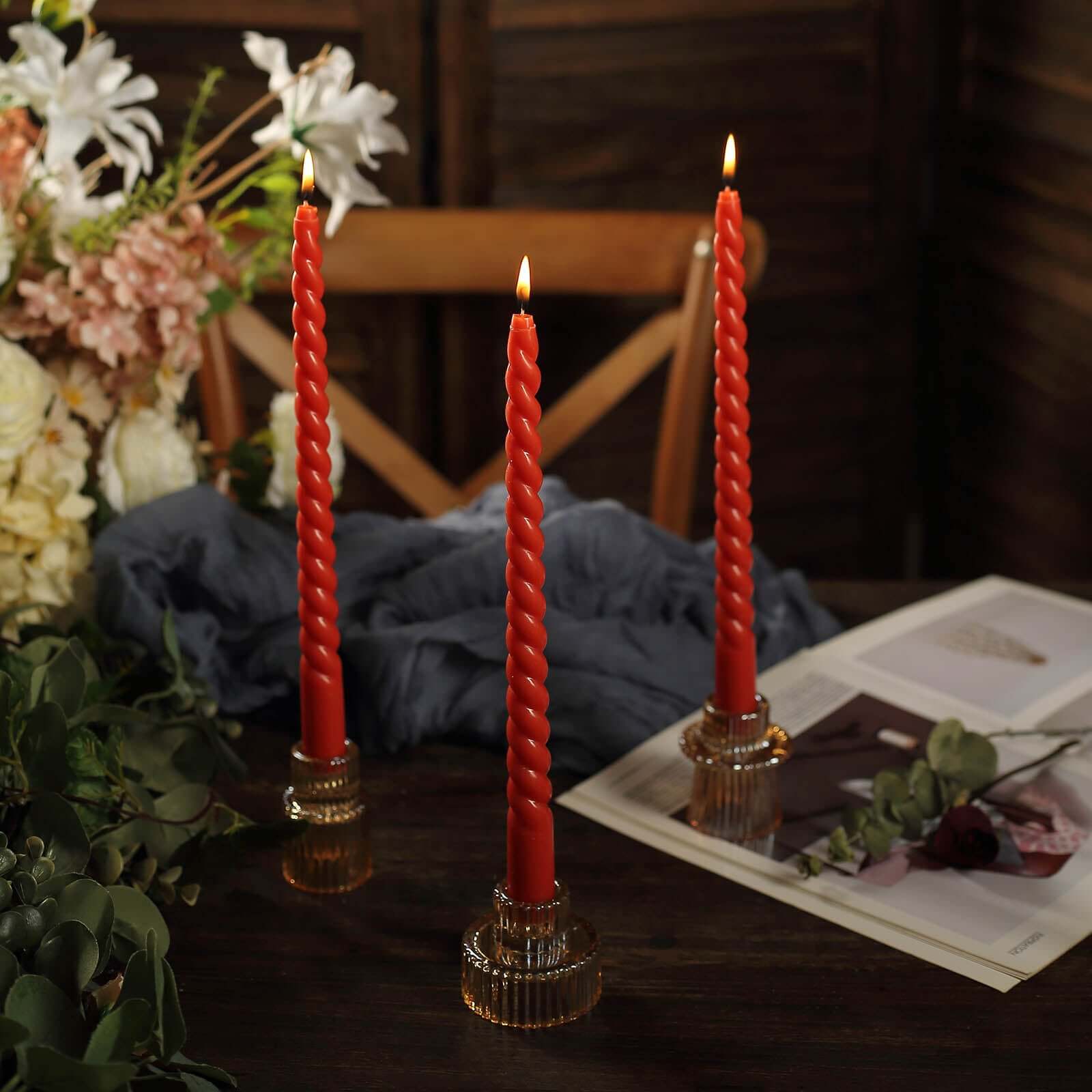 12 - Pack Taper Candles Spiral Long Burn Wick Design Terracotta (Rust) - Premium Unscented Wax Dinner Candle Sticks 11" - Bell Racket Store