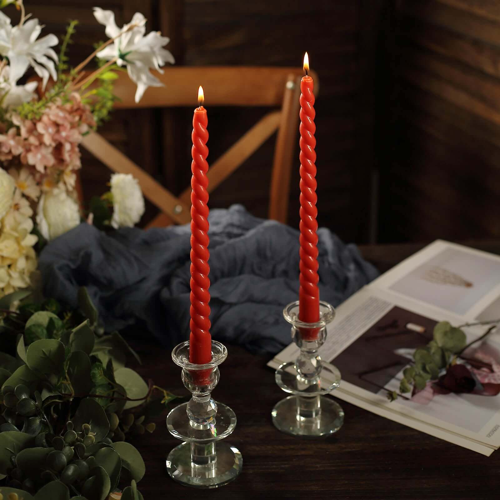 12 - Pack Taper Candles Spiral Long Burn Wick Design Terracotta (Rust) - Premium Unscented Wax Dinner Candle Sticks 11" - Bell Racket Store