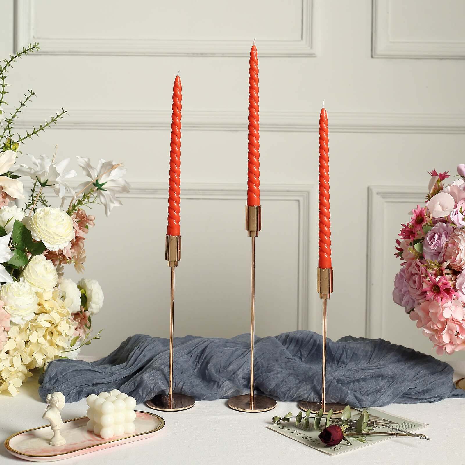 12 - Pack Taper Candles Spiral Long Burn Wick Design Terracotta (Rust) - Premium Unscented Wax Dinner Candle Sticks 11" - Bell Racket Store