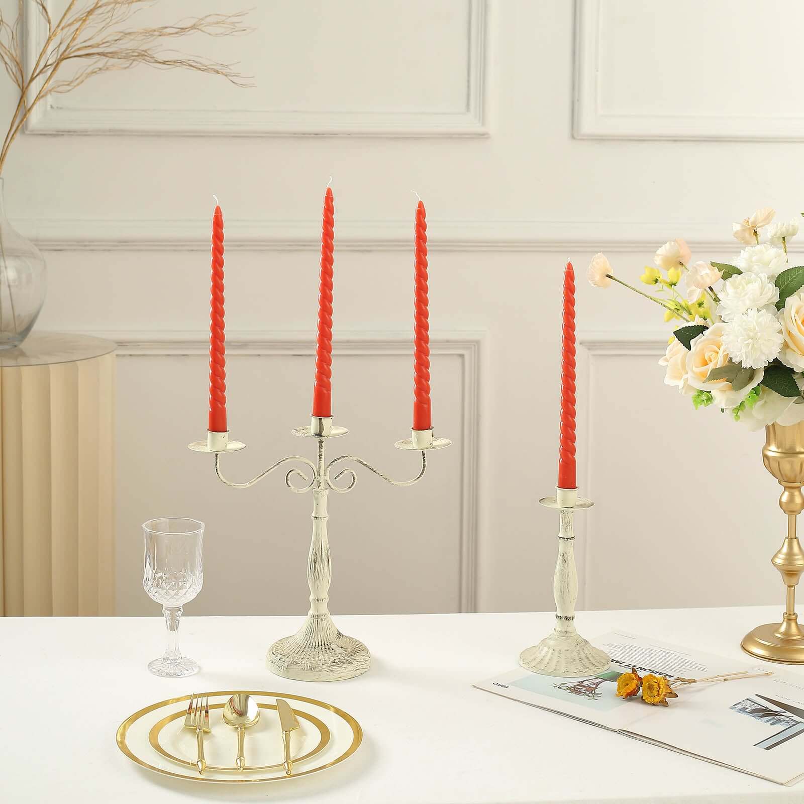 12 - Pack Taper Candles Spiral Long Burn Wick Design Terracotta (Rust) - Premium Unscented Wax Dinner Candle Sticks 11" - Bell Racket Store