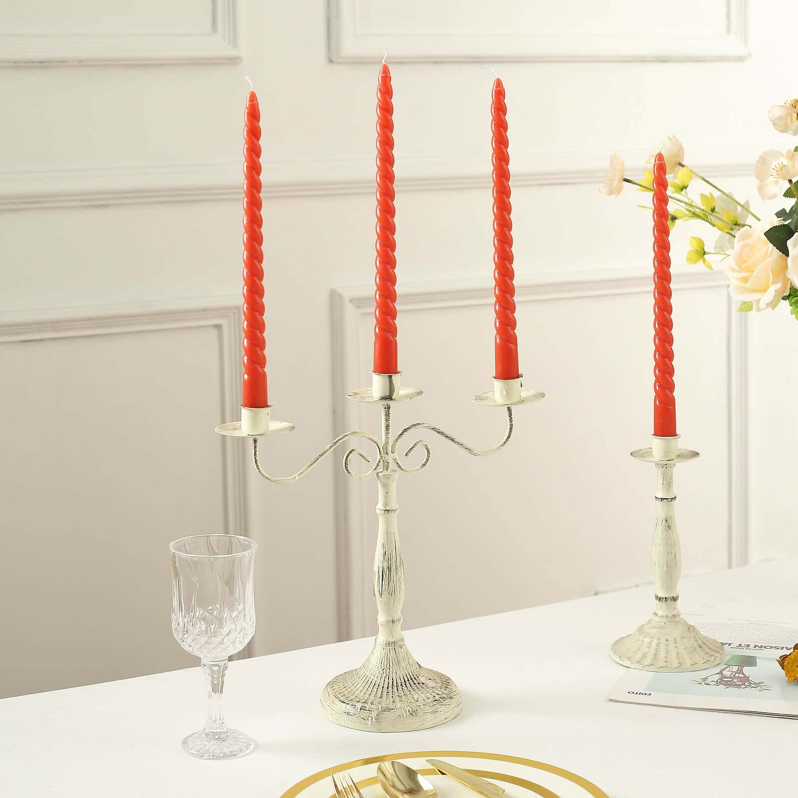 12 - Pack Taper Candles Spiral Long Burn Wick Design Terracotta (Rust) - Premium Unscented Wax Dinner Candle Sticks 11" - Bell Racket Store