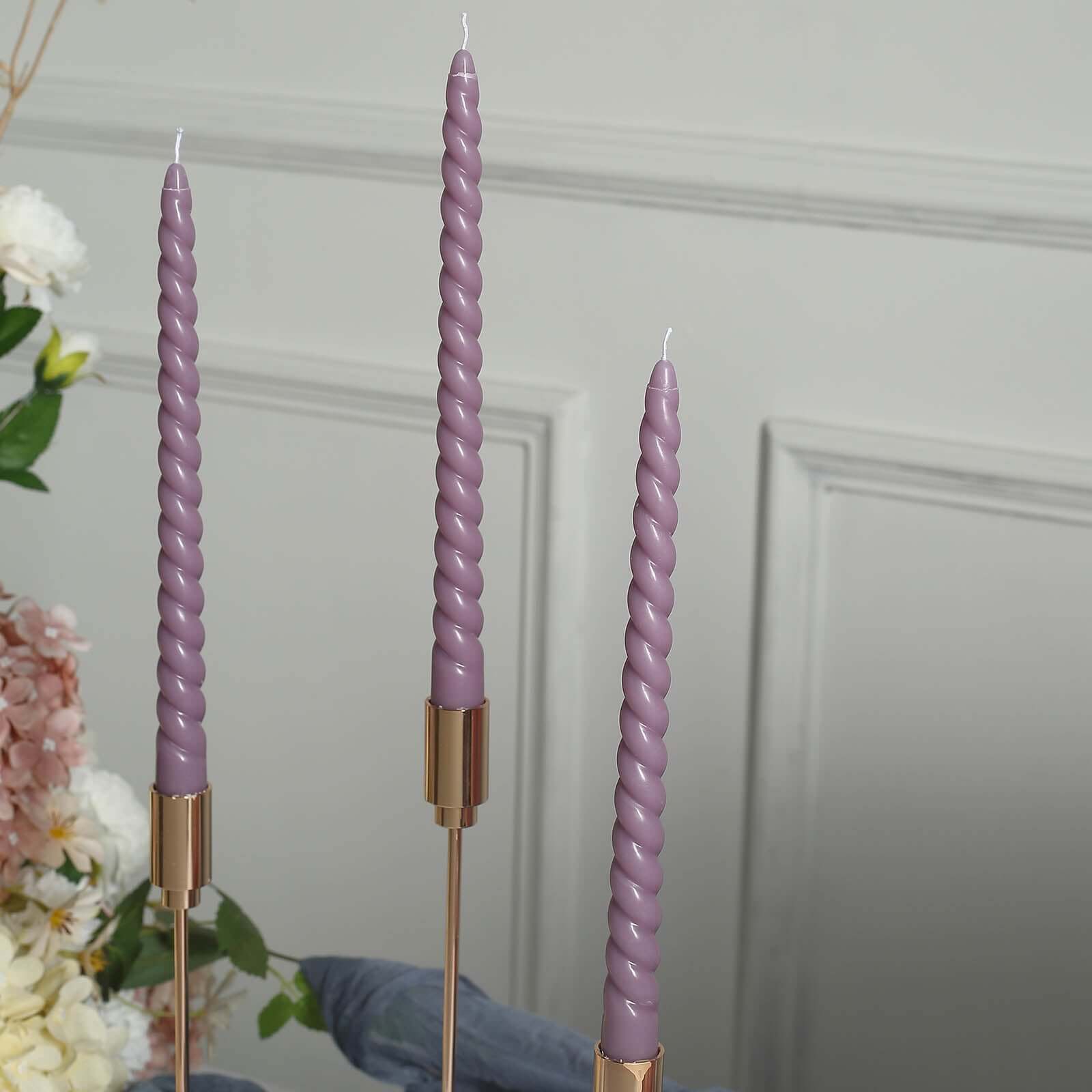 12 - Pack Taper Candles Spiral Long Burn Wick Design Violet Amethyst - Premium Unscented Wax Dinner Candle Sticks 11" - Bell Racket Store