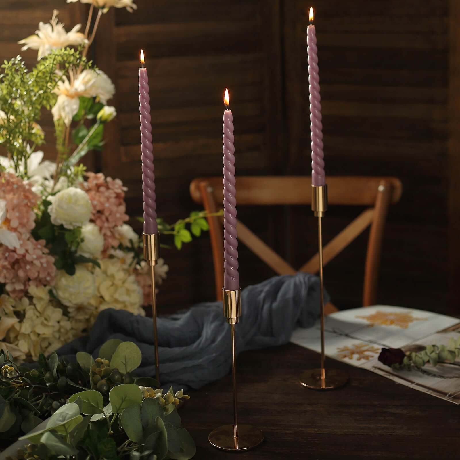 12 - Pack Taper Candles Spiral Long Burn Wick Design Violet Amethyst - Premium Unscented Wax Dinner Candle Sticks 11" - Bell Racket Store