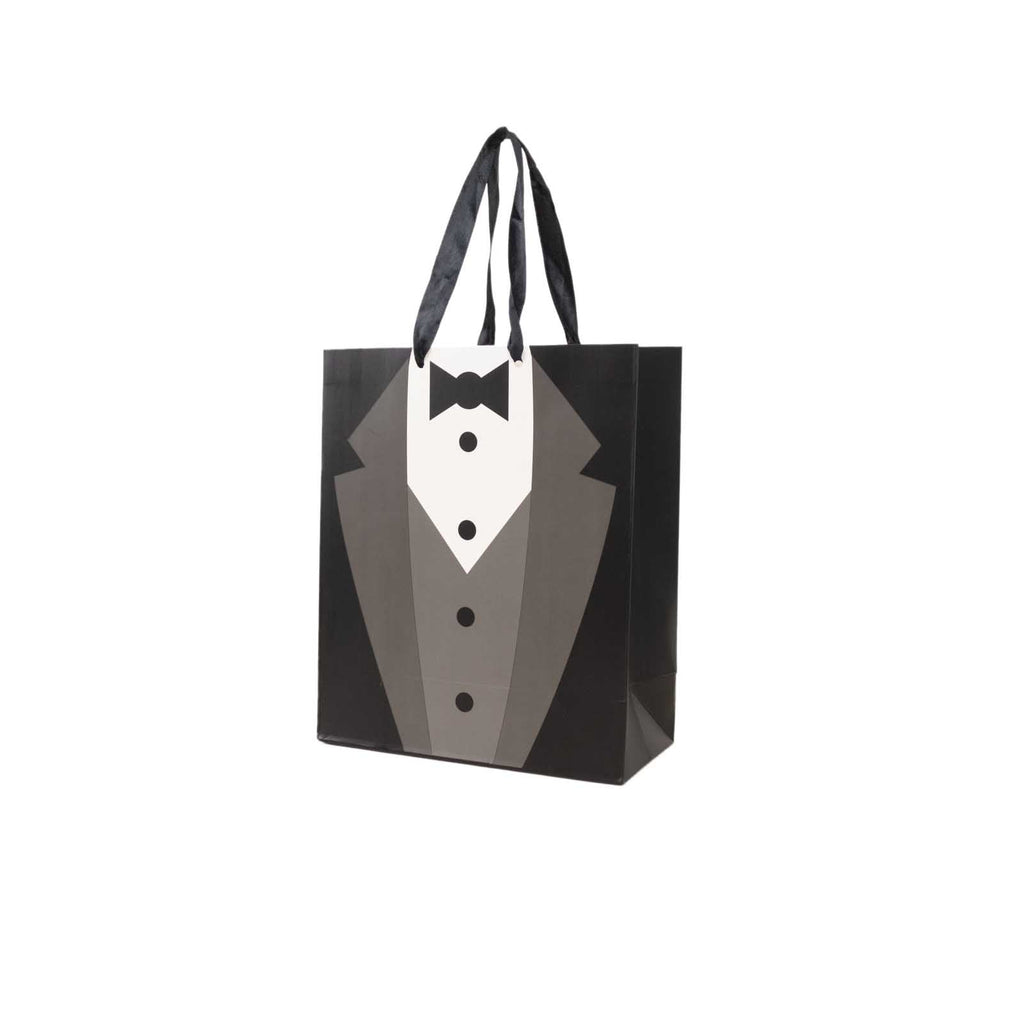 12 Pack White Black Tuxedo Paper Party Favor Goodie Bags With Satin Handles, Reusable Wedding Gift Tote Bags - 8"x9" - Bell Racket Store