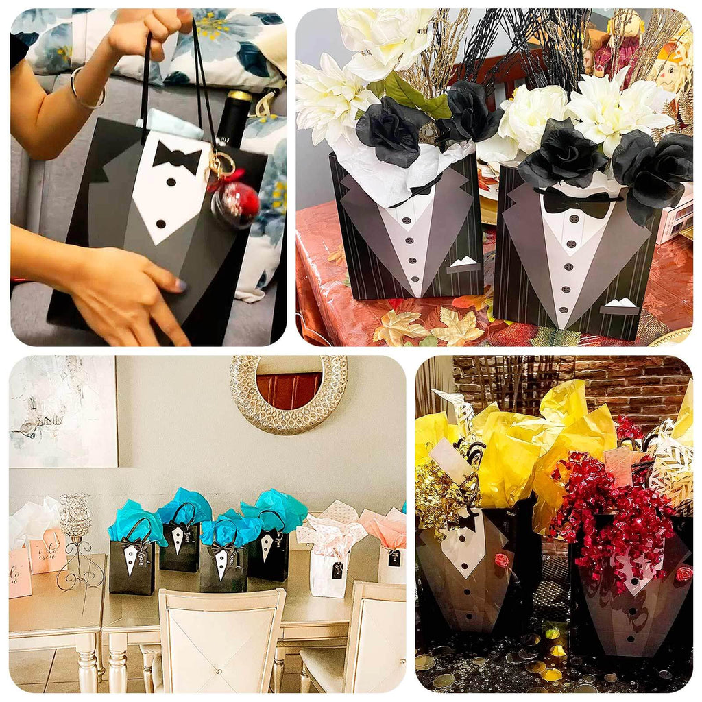 12 Pack White Black Tuxedo Paper Party Favor Goodie Bags With Satin Handles, Reusable Wedding Gift Tote Bags - 8"x9" - Bell Racket Store