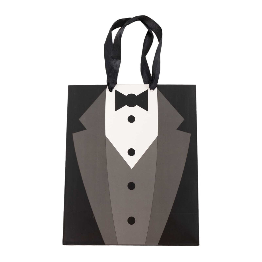 12 Pack White Black Tuxedo Paper Party Favor Goodie Bags With Satin Handles, Reusable Wedding Gift Tote Bags - 8"x9" - Bell Racket Store