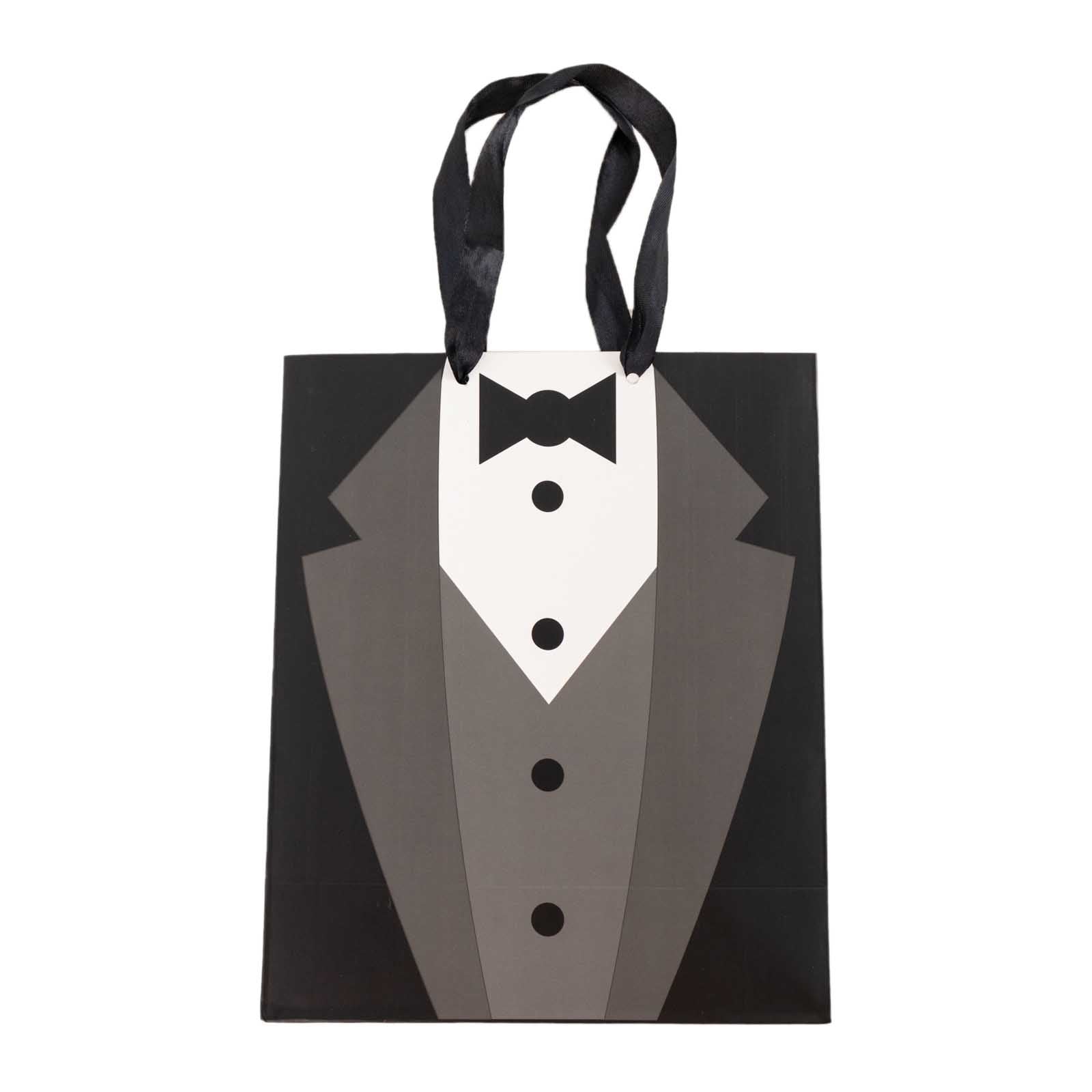 12 Pack White Black Tuxedo Paper Party Favor Goodie Bags With Satin Handles, Reusable Wedding Gift Tote Bags - 8"x9" - Bell Racket Store