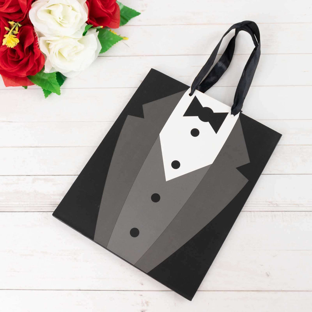 12 Pack White Black Tuxedo Paper Party Favor Goodie Bags With Satin Handles, Reusable Wedding Gift Tote Bags - 8"x9" - Bell Racket Store