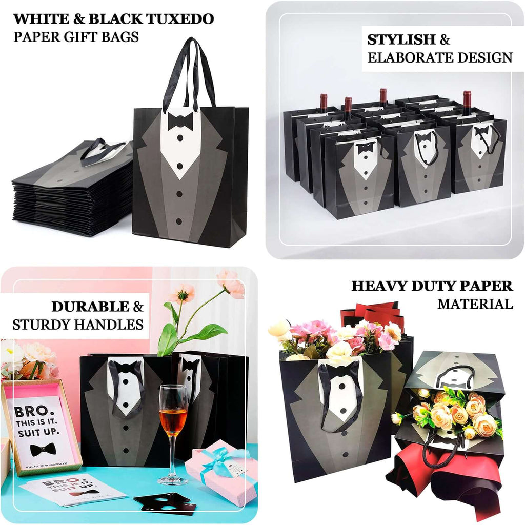 12 Pack White Black Tuxedo Paper Party Favor Goodie Bags With Satin Handles, Reusable Wedding Gift Tote Bags - 8"x9" - Bell Racket Store