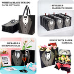 12 Pack White Black Tuxedo Paper Party Favor Goodie Bags With Satin Handles, Reusable Wedding Gift Tote Bags - 8"x9" - Bell Racket Store