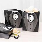 12 Pack White Black Tuxedo Paper Party Favor Goodie Bags With Satin Handles, Reusable Wedding Gift Tote Bags - 8"x9" - Bell Racket Store