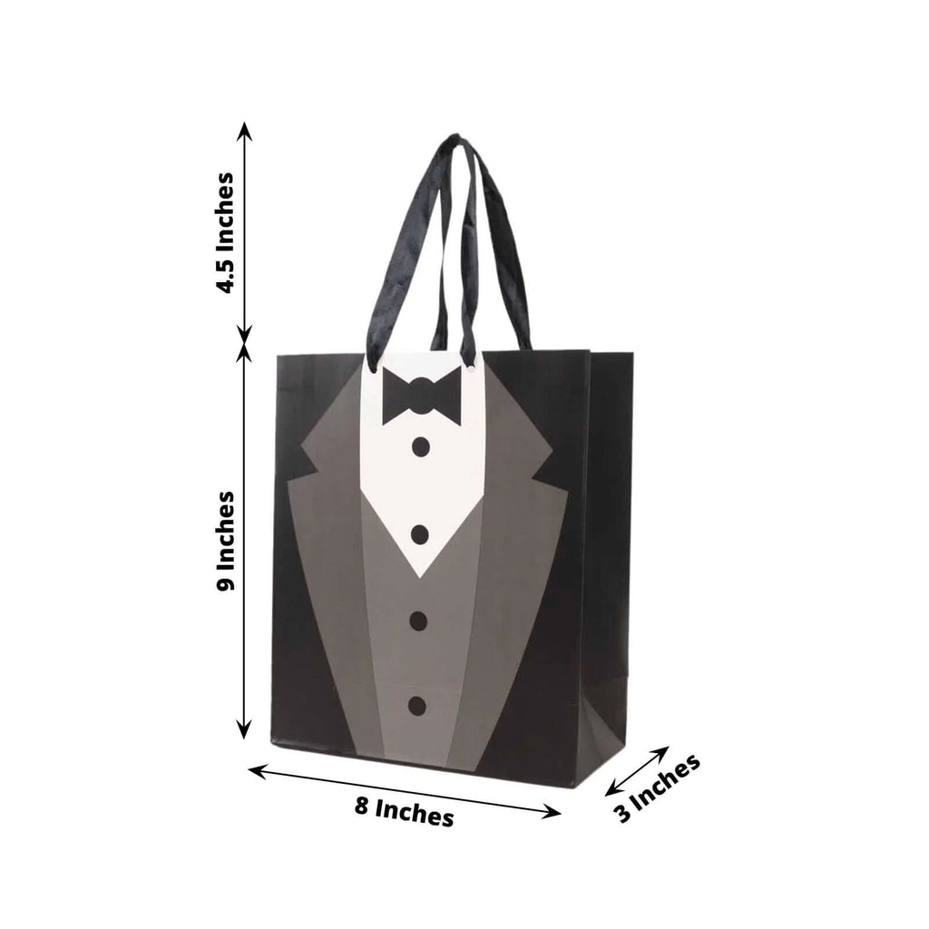 12 Pack White Black Tuxedo Paper Party Favor Goodie Bags With Satin Handles, Reusable Wedding Gift Tote Bags - 8"x9" - Bell Racket Store