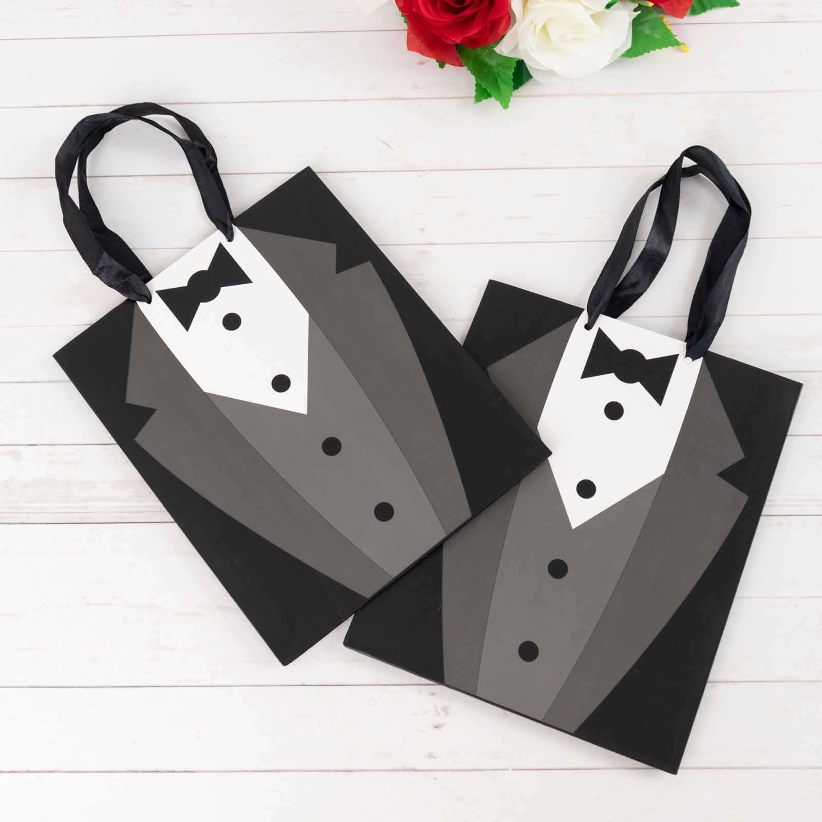 12 Pack White Black Tuxedo Paper Party Favor Goodie Bags With Satin Handles, Reusable Wedding Gift Tote Bags - 8"x9" - Bell Racket Store