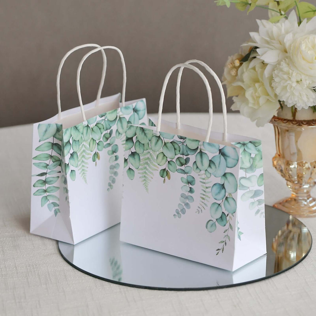12 Pack White Green Eucalyptus Leaves Paper Party Favor Bags With Handles, Gift Goodie Bags - 6"x7" - Bell Racket Store