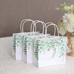 12 Pack White Green Eucalyptus Leaves Paper Party Favor Bags With Handles, Gift Goodie Bags - 6"x7" - Bell Racket Store