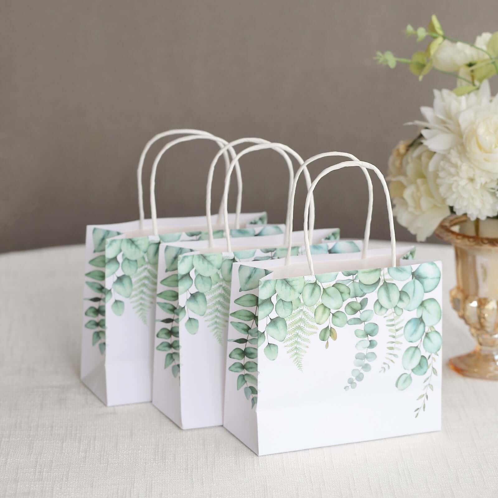 12 Pack White Green Eucalyptus Leaves Paper Party Favor Bags With Handles, Gift Goodie Bags - 6"x7" - Bell Racket Store