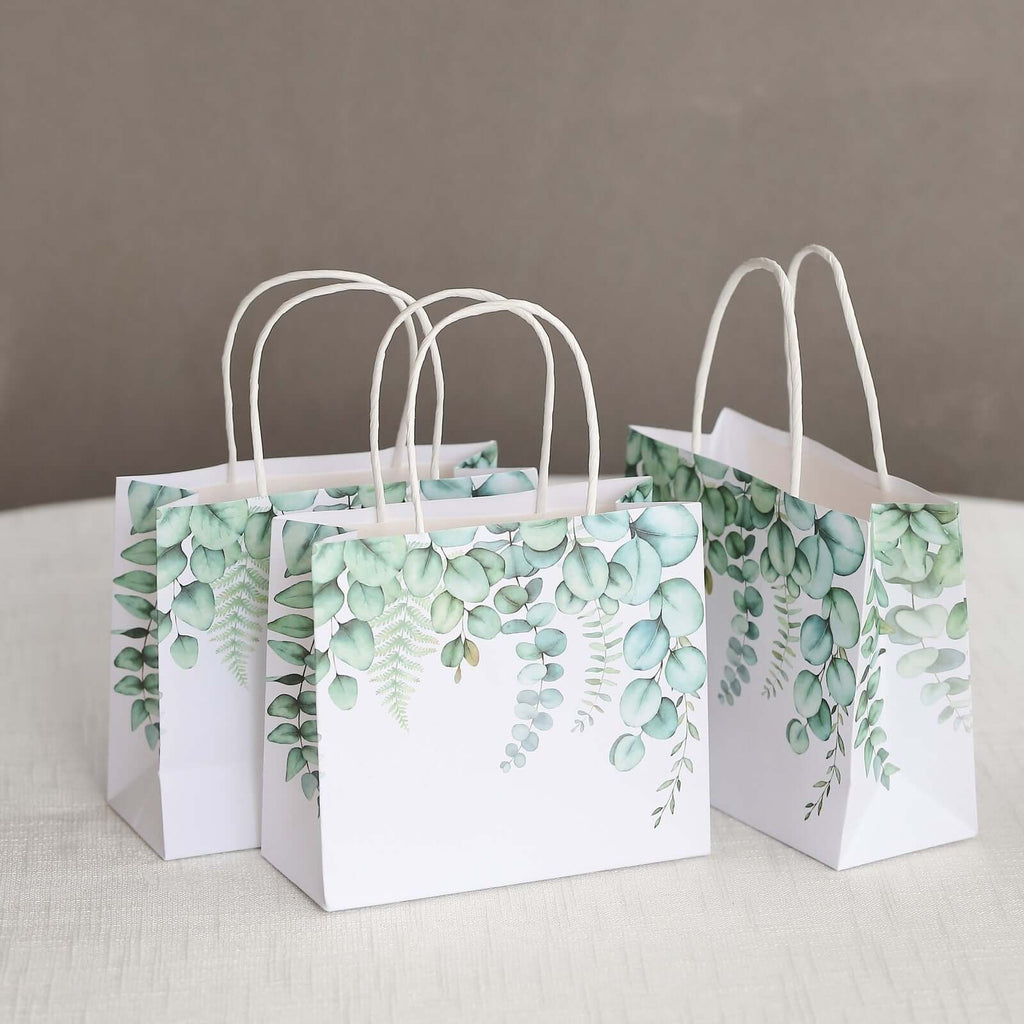 12 Pack White Green Eucalyptus Leaves Paper Party Favor Bags With Handles, Gift Goodie Bags - 6"x7" - Bell Racket Store