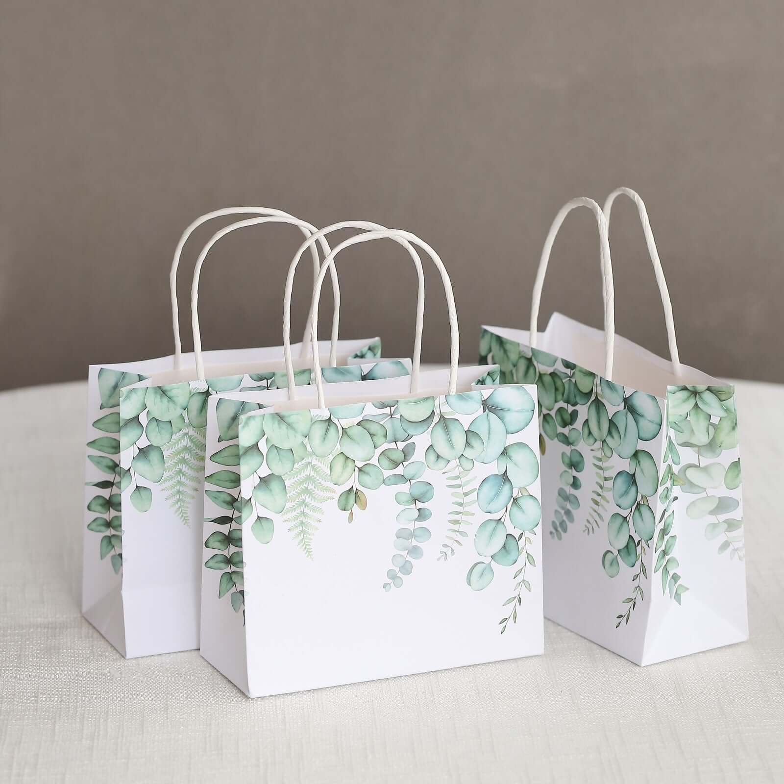 12 Pack White Green Eucalyptus Leaves Paper Party Favor Bags With Handles, Gift Goodie Bags - 6"x7" - Bell Racket Store