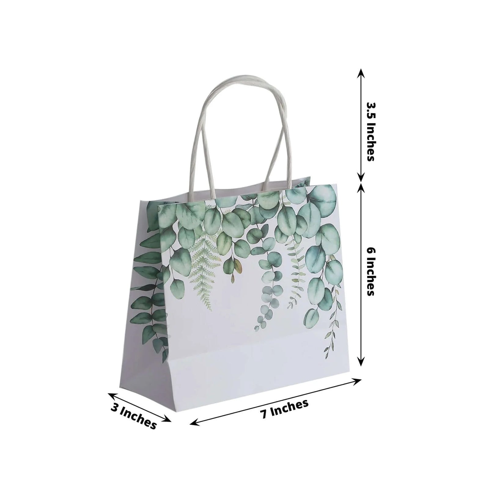 12 Pack White Green Eucalyptus Leaves Paper Party Favor Bags With Handles, Gift Goodie Bags - 6"x7" - Bell Racket Store