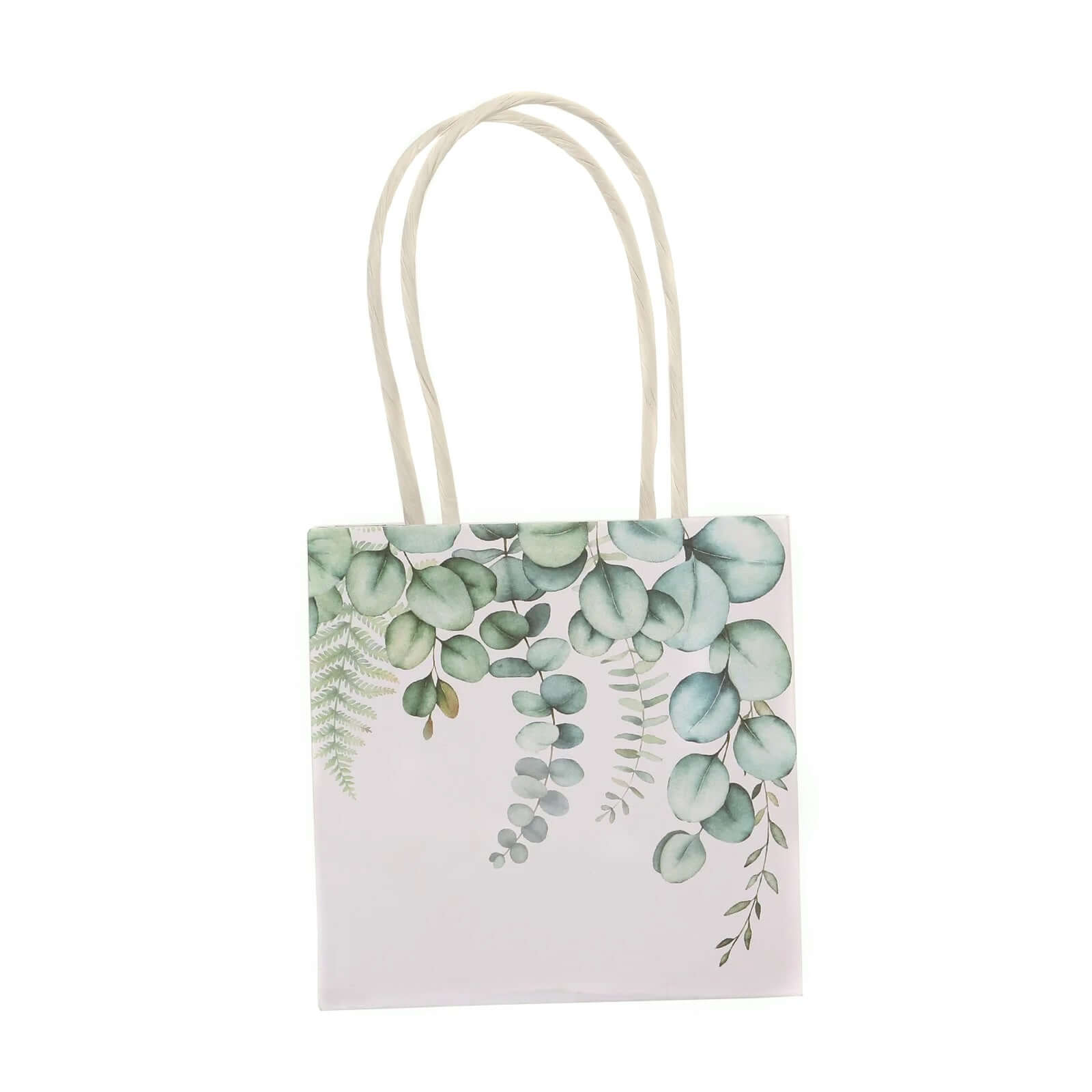 12 Pack White Green Eucalyptus Leaves Paper Party Favor Bags With Handles, Small Gift Goodie Bags - 4"x4" - Bell Racket Store