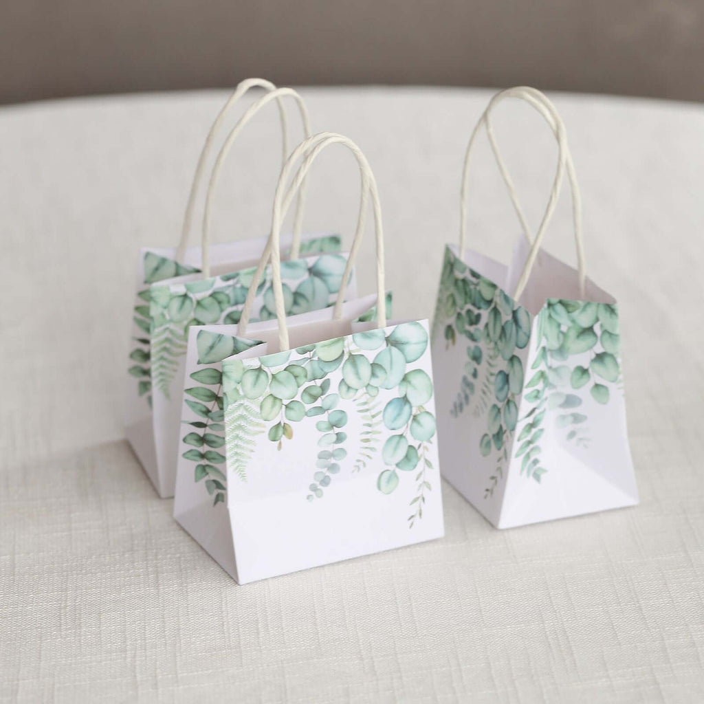 12 Pack White Green Eucalyptus Leaves Paper Party Favor Bags With Handles, Small Gift Goodie Bags - 4"x4" - Bell Racket Store