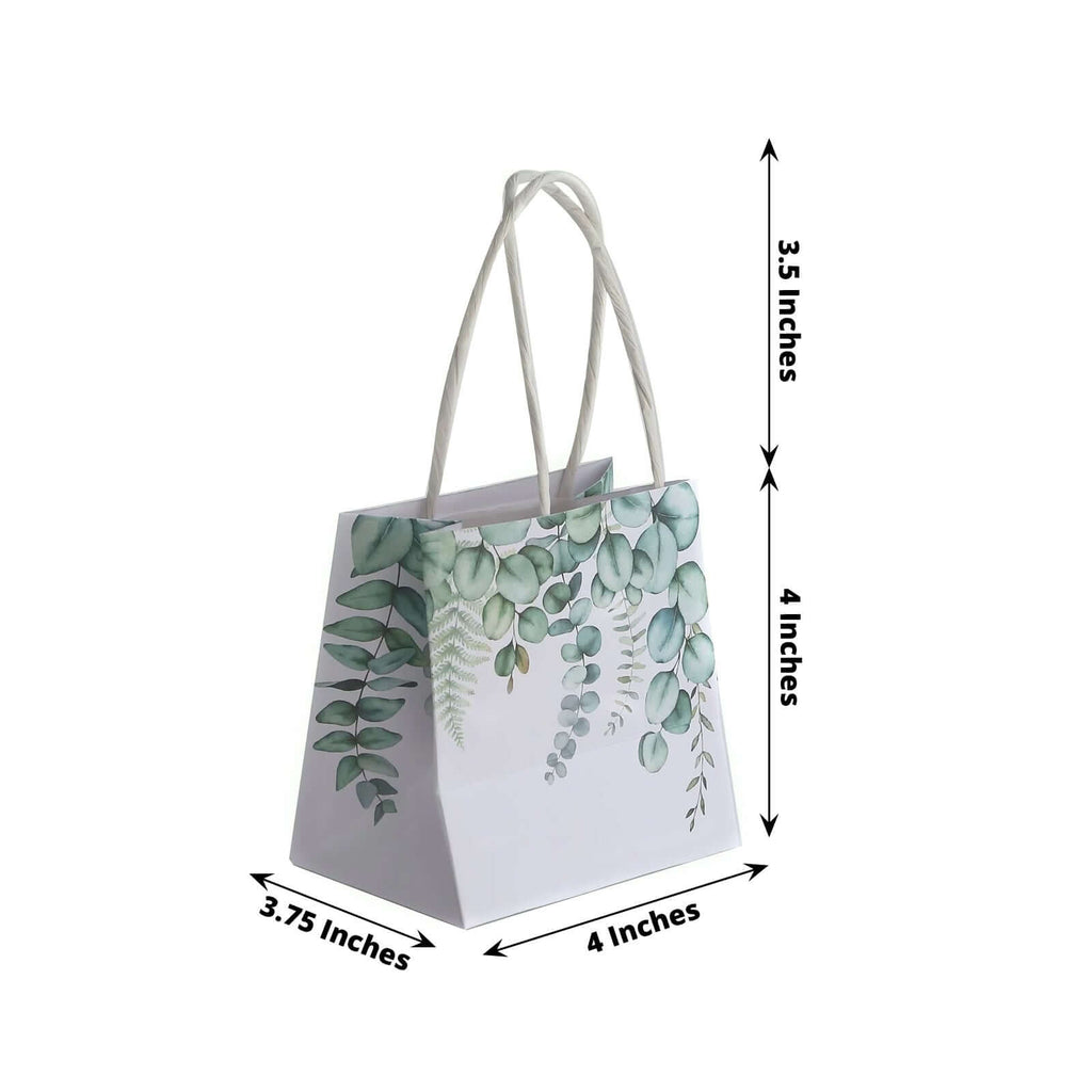 12 Pack White Green Eucalyptus Leaves Paper Party Favor Bags With Handles, Small Gift Goodie Bags - 4"x4" - Bell Racket Store