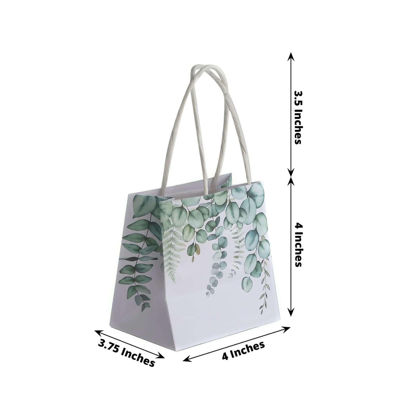 12 Pack White Green Eucalyptus Leaves Paper Party Favor Bags With Handles, Small Gift Goodie Bags - 4"x4" - Bell Racket Store