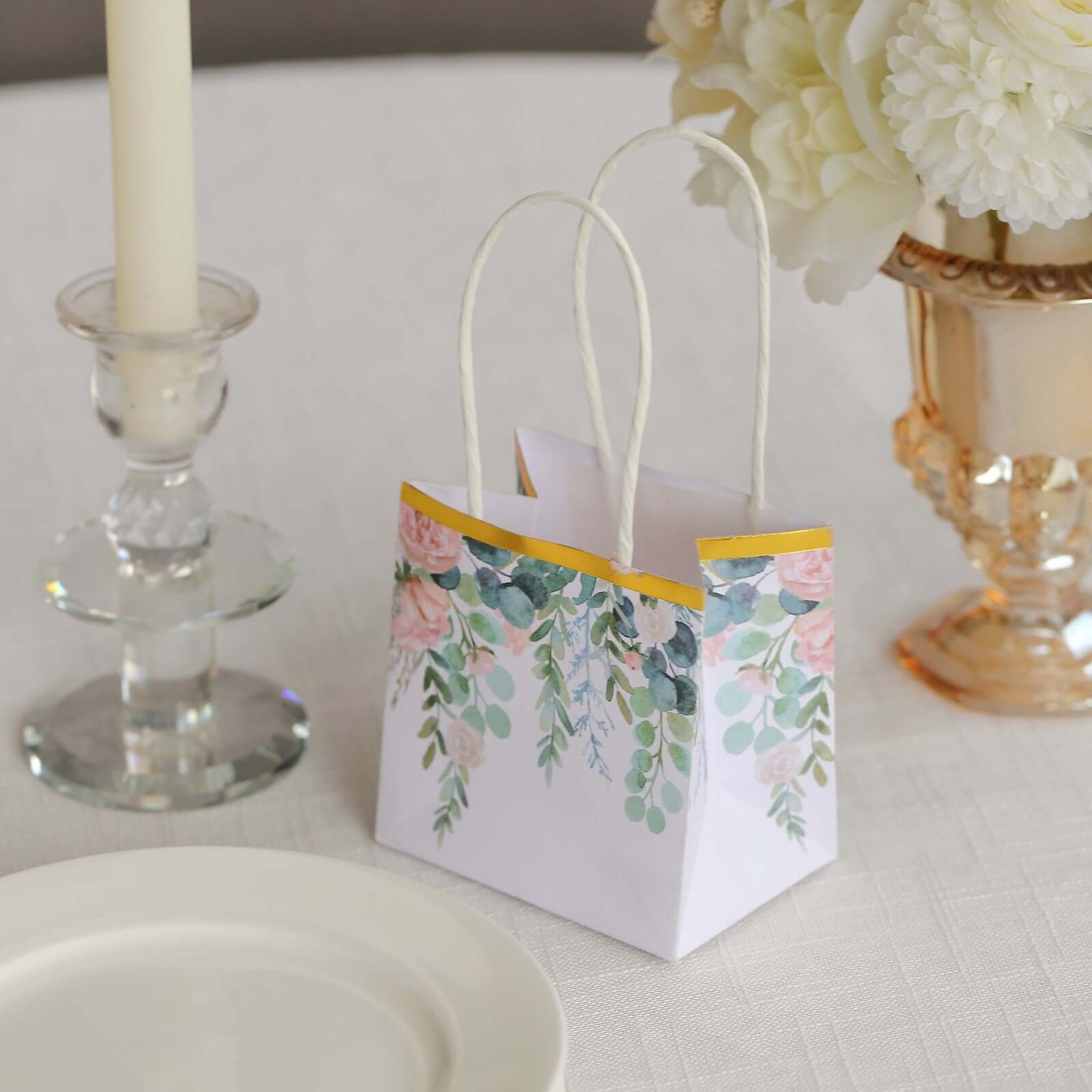 12 Pack White Pink Peony Flower Paper Party Favor Bags With Handles, Small Gift Goodie Bags With Gold Edge - 4"x4" - Bell Racket Store