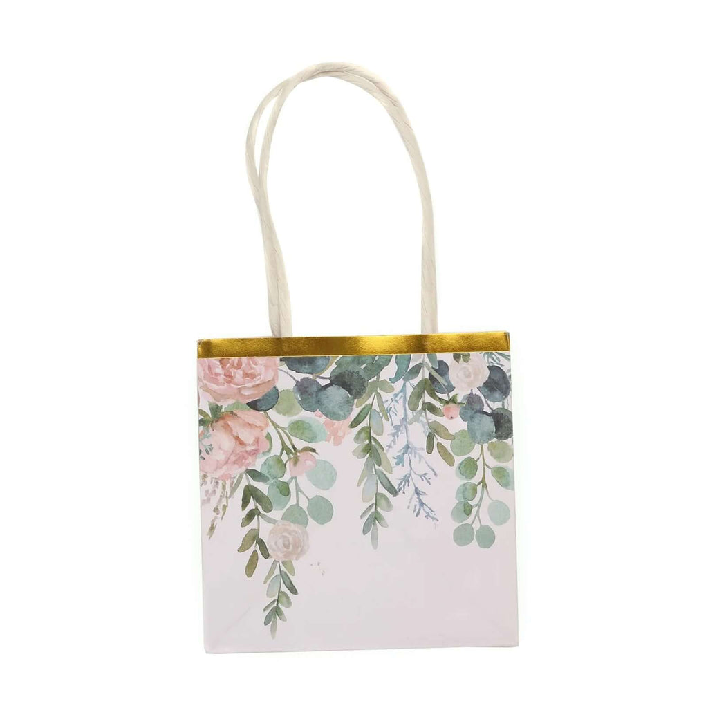 12 Pack White Pink Peony Flower Paper Party Favor Bags With Handles, Small Gift Goodie Bags With Gold Edge - 4"x4" - Bell Racket Store