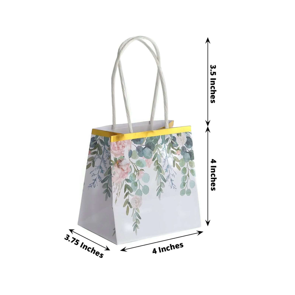 12 Pack White Pink Peony Flower Paper Party Favor Bags With Handles, Small Gift Goodie Bags With Gold Edge - 4"x4" - Bell Racket Store
