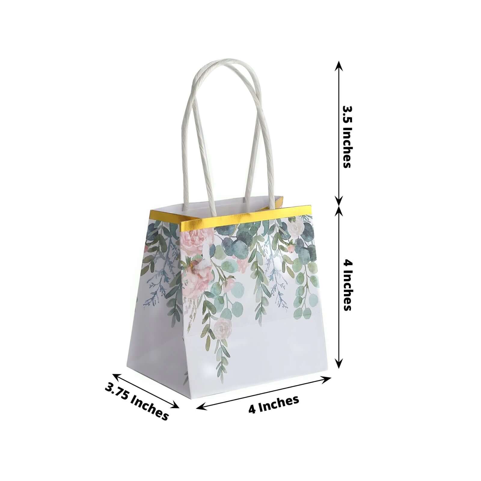 12 Pack White Pink Peony Flower Paper Party Favor Bags With Handles, Small Gift Goodie Bags With Gold Edge - 4"x4" - Bell Racket Store