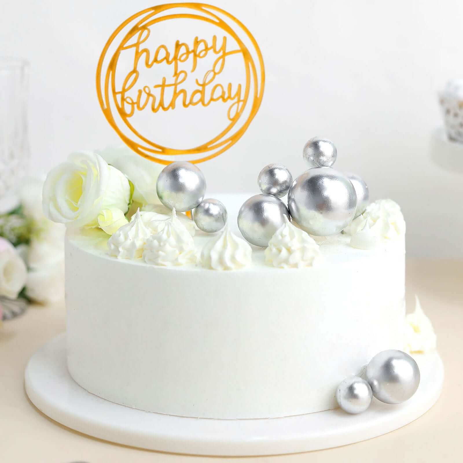 12 Pcs Cake Topper Picks Faux Pearl Ball Design Silver - Foam Balloon DIY Cupcake Decor Supplies Assorted Sizes - Bell Racket Store