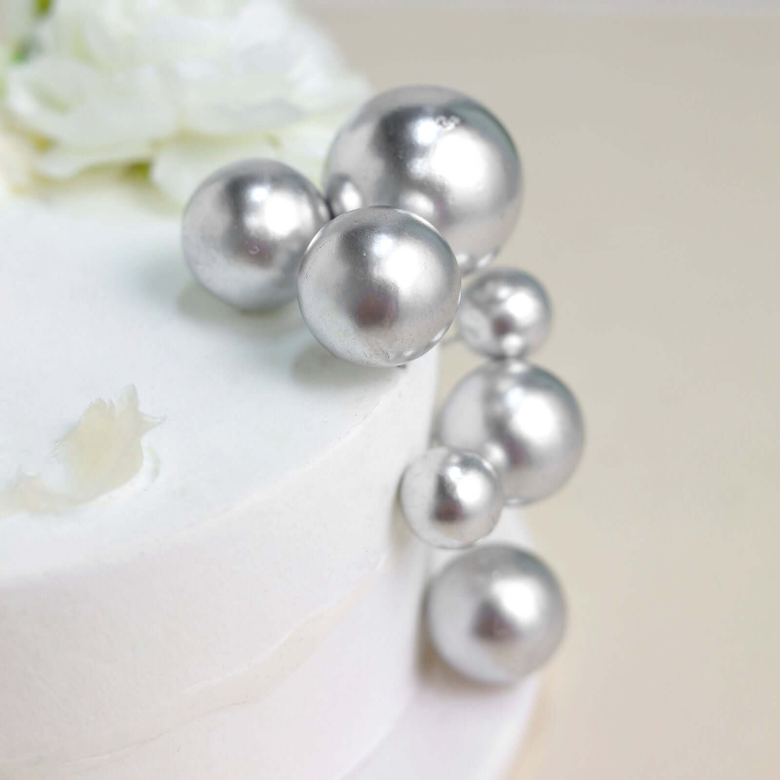 12 Pcs Cake Topper Picks Faux Pearl Ball Design Silver - Foam Balloon DIY Cupcake Decor Supplies Assorted Sizes - Bell Racket Store