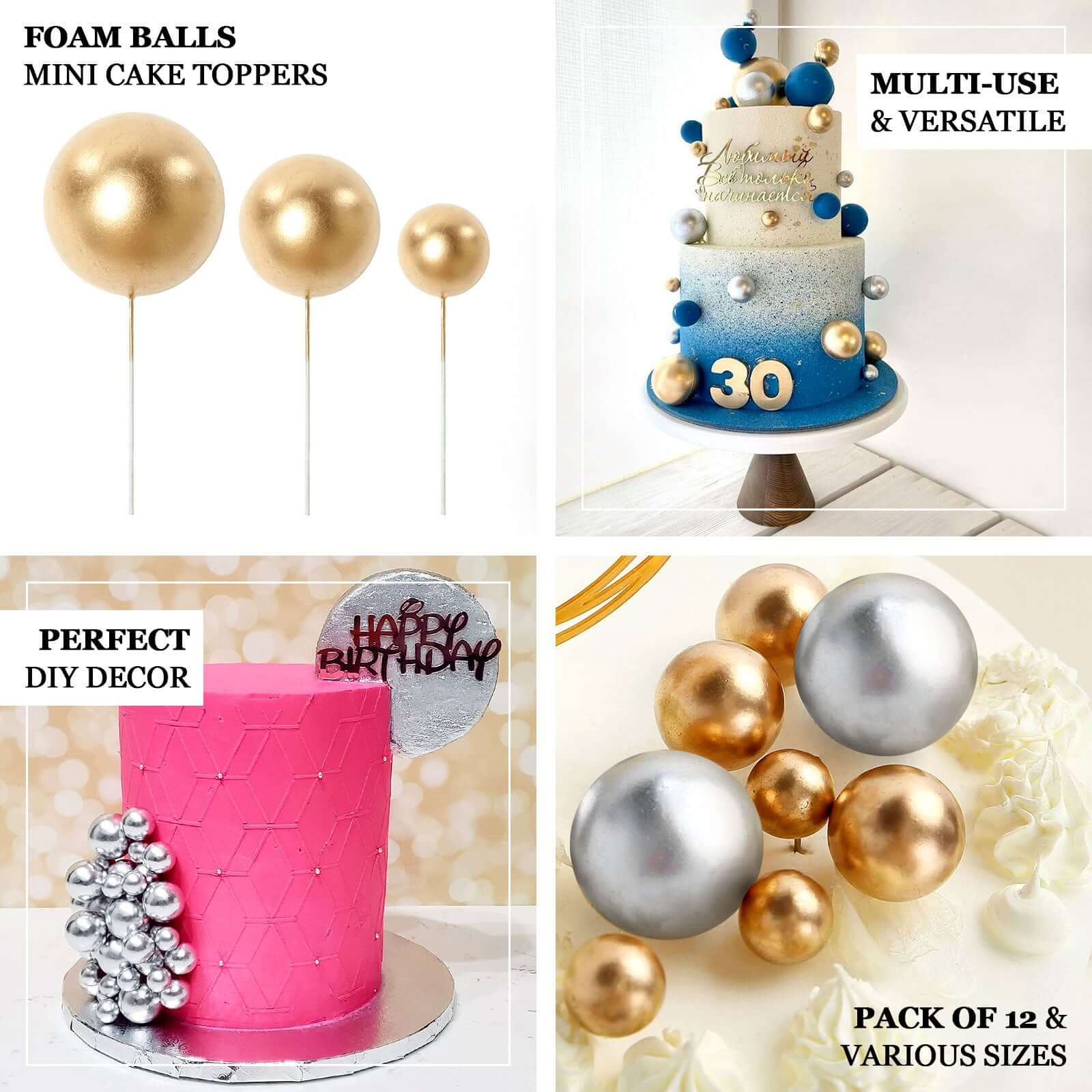 12 Pcs Cake Topper Picks Faux Pearl Ball Design Silver - Foam Balloon DIY Cupcake Decor Supplies Assorted Sizes - Bell Racket Store