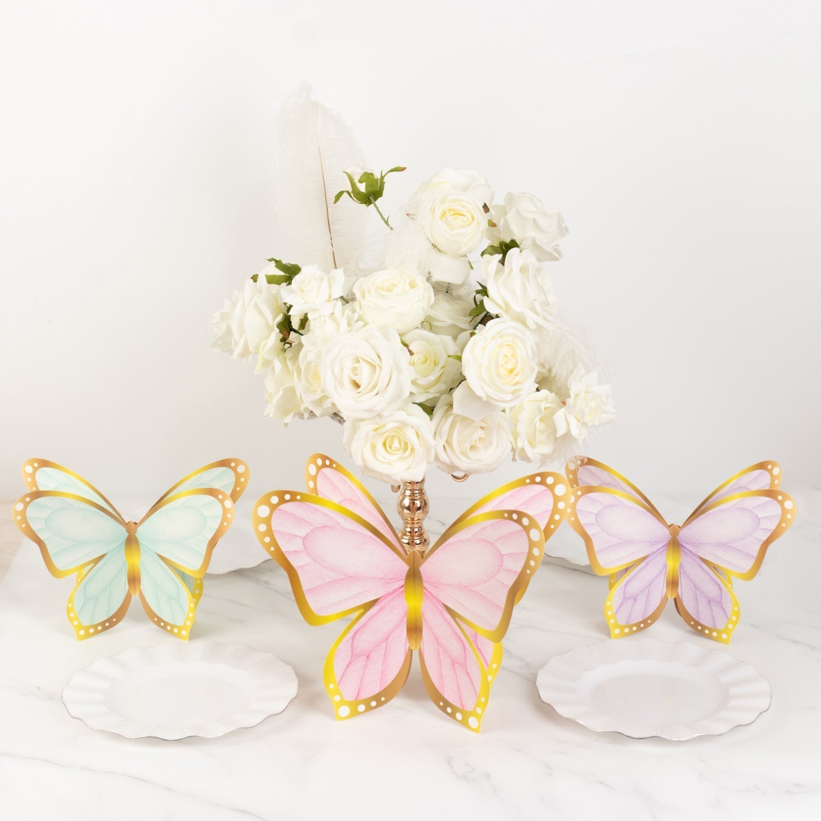 12 Pcs Cardstock Paper 3D Butterfly Table Centerpieces, Metallic Gold Foil Accents Pastel Color Party Decorations 10", 12" - Bell Racket Store