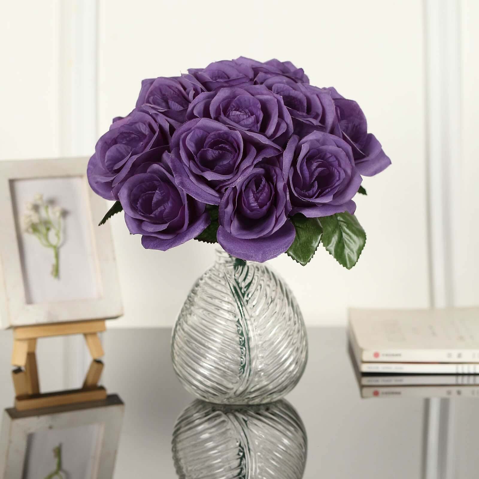 12" Purple Artificial Velvet - Like Fabric Rose Flower Bouquet Bush - NestOCart