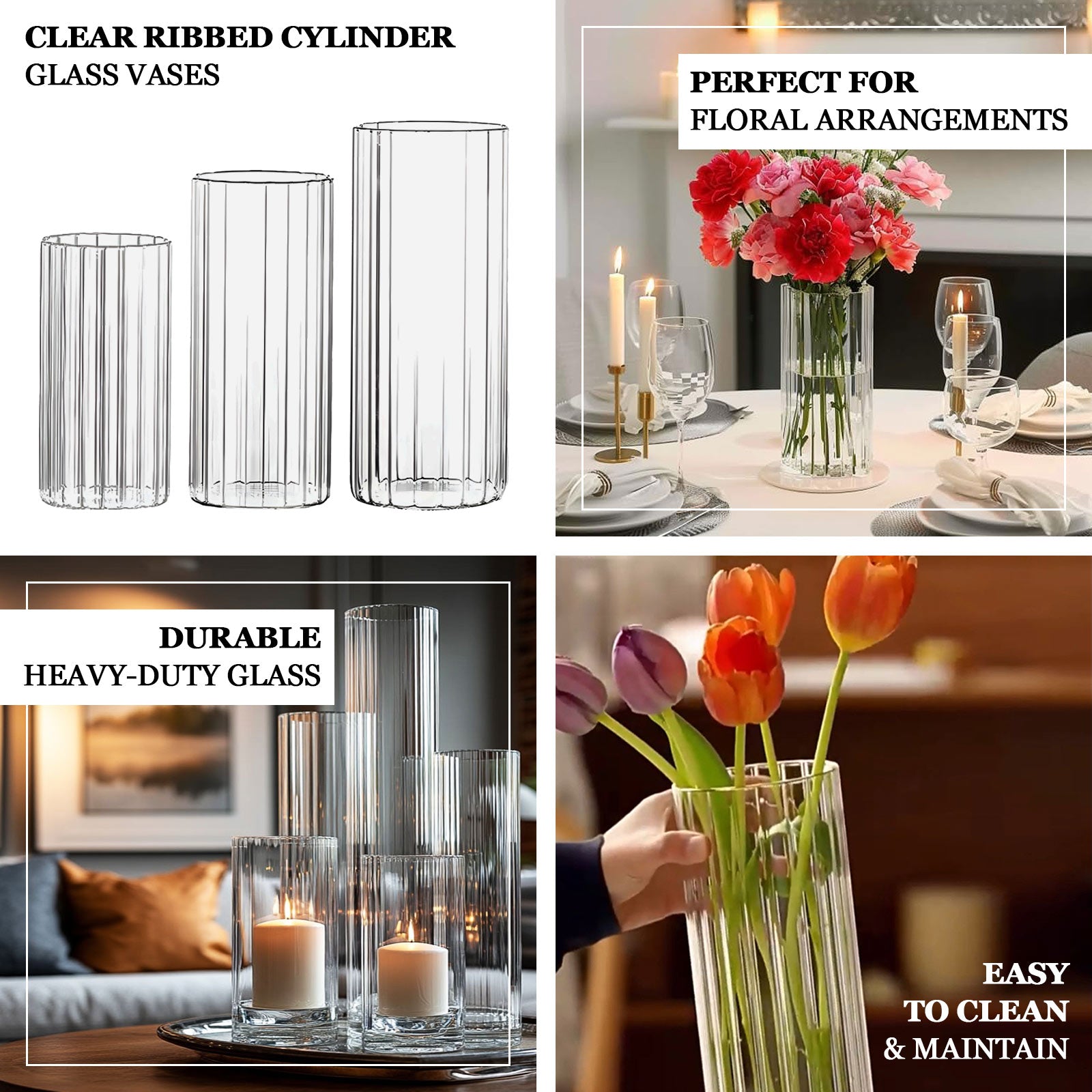 12" Ribbed Cylinder Glass Vases â€“ 6 Pack Clear Tall Vases for Floral Arrangements, Tabletop Decor & Events - Bell Racket Store