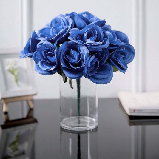 12" Royal Blue Artificial Velvet - Like Fabric Rose Flower Bouquet Bush - NestOCart
