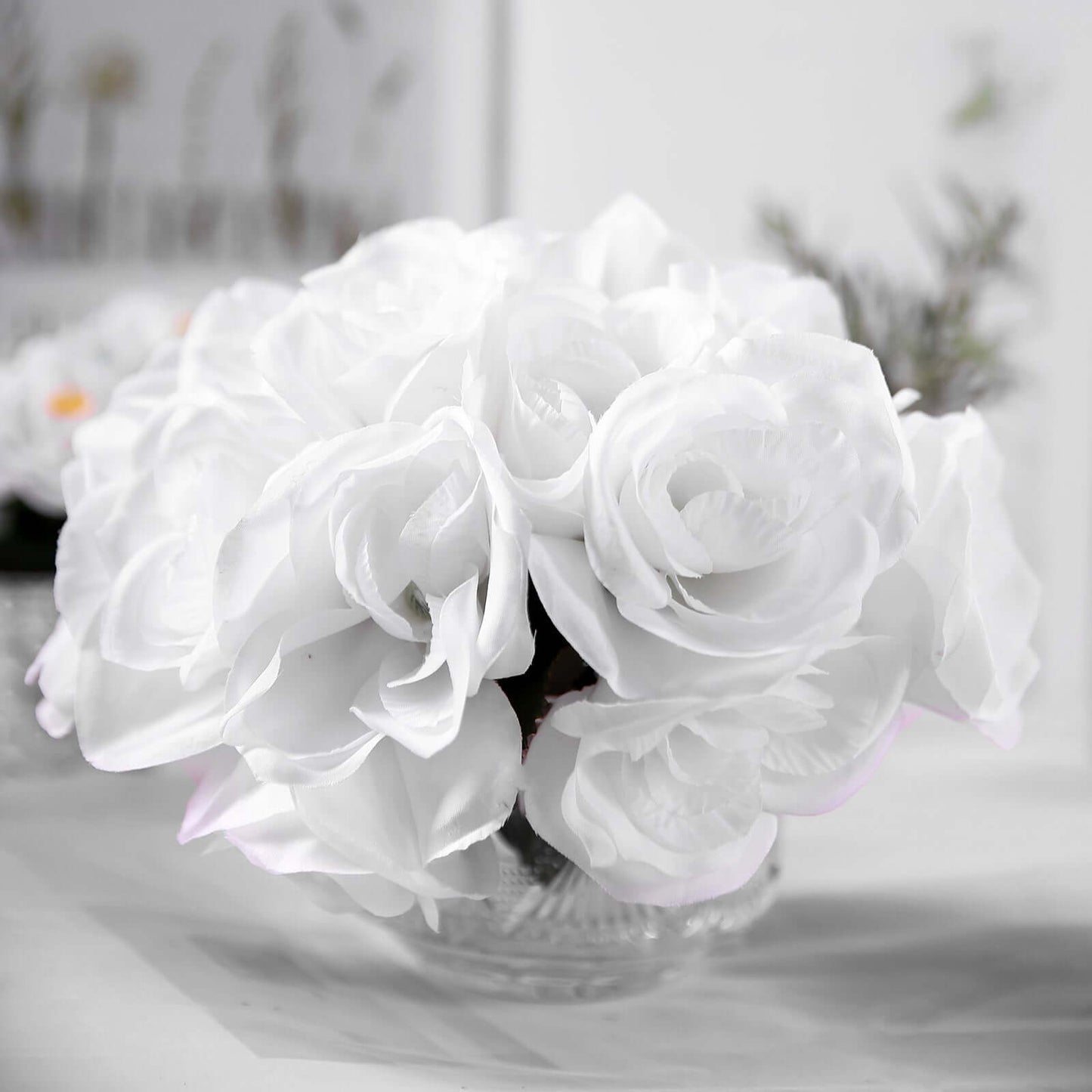 12" White Artificial Velvet - Like Fabric Rose Flower Bouquet Bush - NestOCart