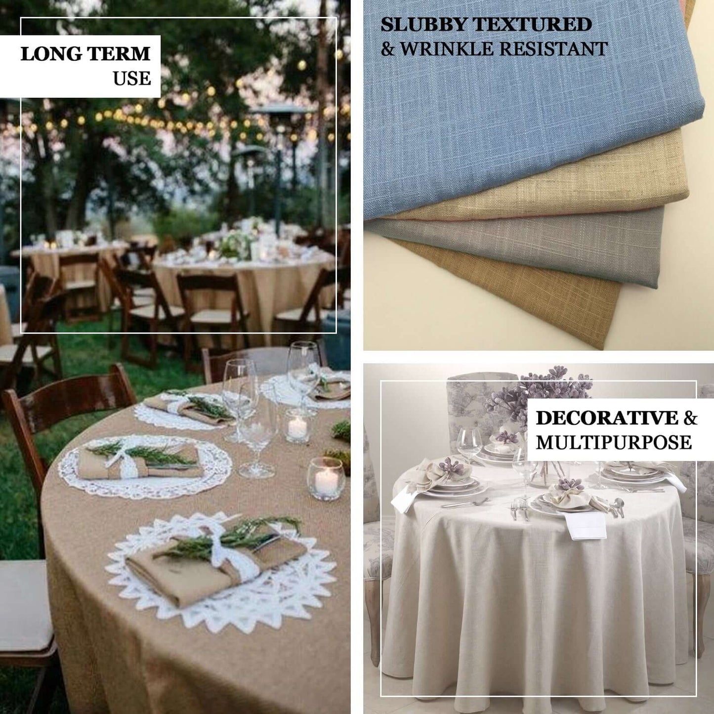 Faux Linen 120" Round Tablecloth Dusty Blue - Slubby Texture Wrinkle-Resistant Seamless Table Cover