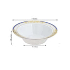 10-Pack Plastic Round Soup Bowl in White with Gold Vine & Royal Blue Rim - Sturdy Disposable Salad Dessert Bowls for Catering & Events 12oz