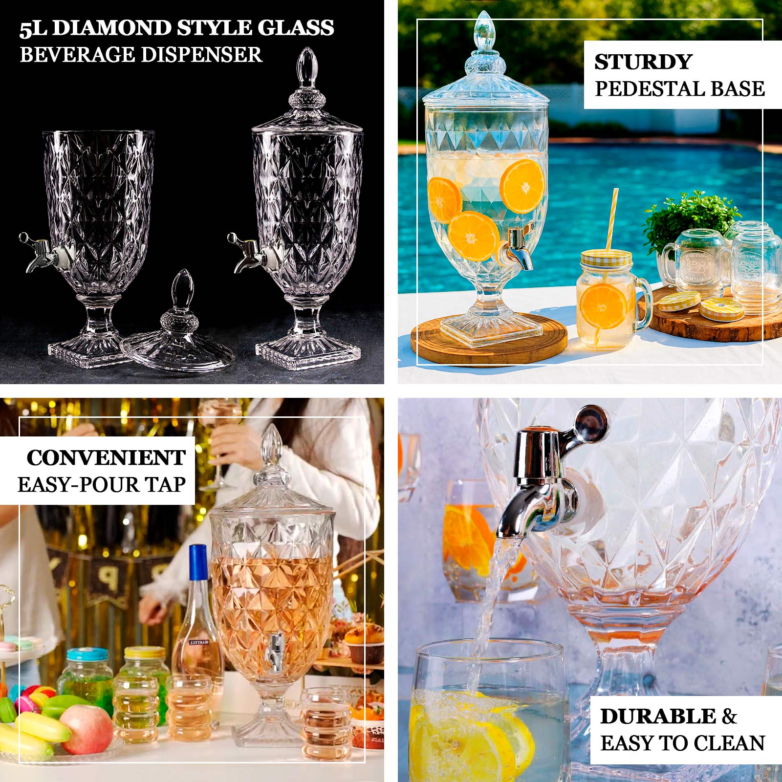 1.3 Gallon Glass Beverage Dispenser, Apothecary Jar Style Party Drink Dispenser with Diamond Texture and Lid - Versatile Serving Feature 21" - Bell Racket Store