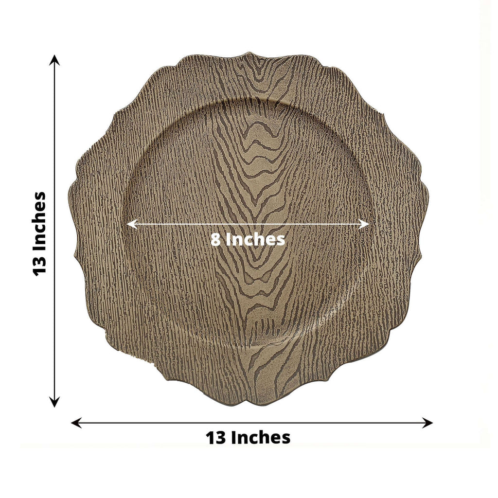 6-Pack Acrylic Round Charger Plates 13" in Rustic Natural with Wood Grain Scalloped Rim, Decorative Dinner Party Charger Tableware