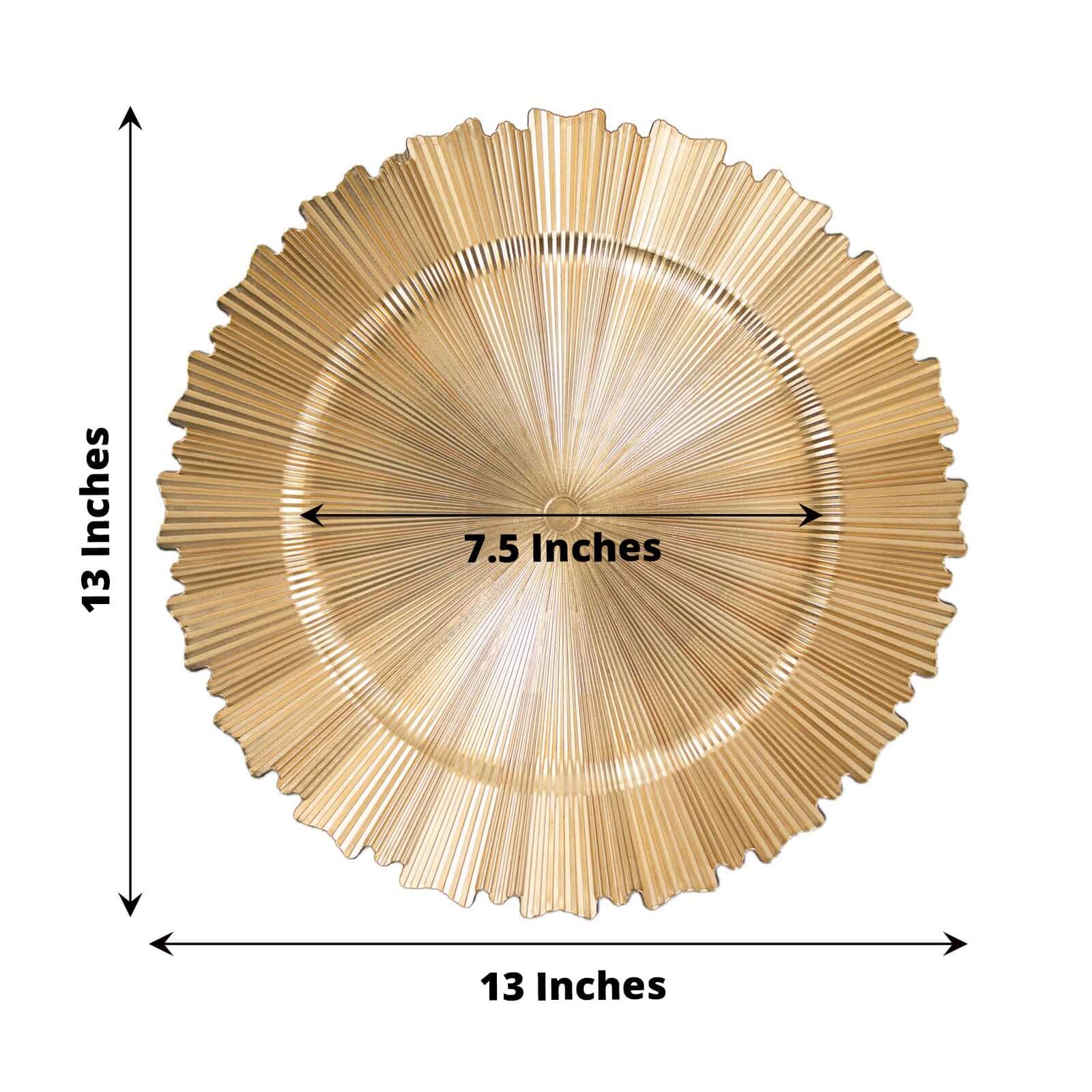 6-Pack Acrylic Plastic Round Charger Plates 13" in Metallic Gold with Sunray Scalloped Rim, Decorative Dinner Party Charger Tableware